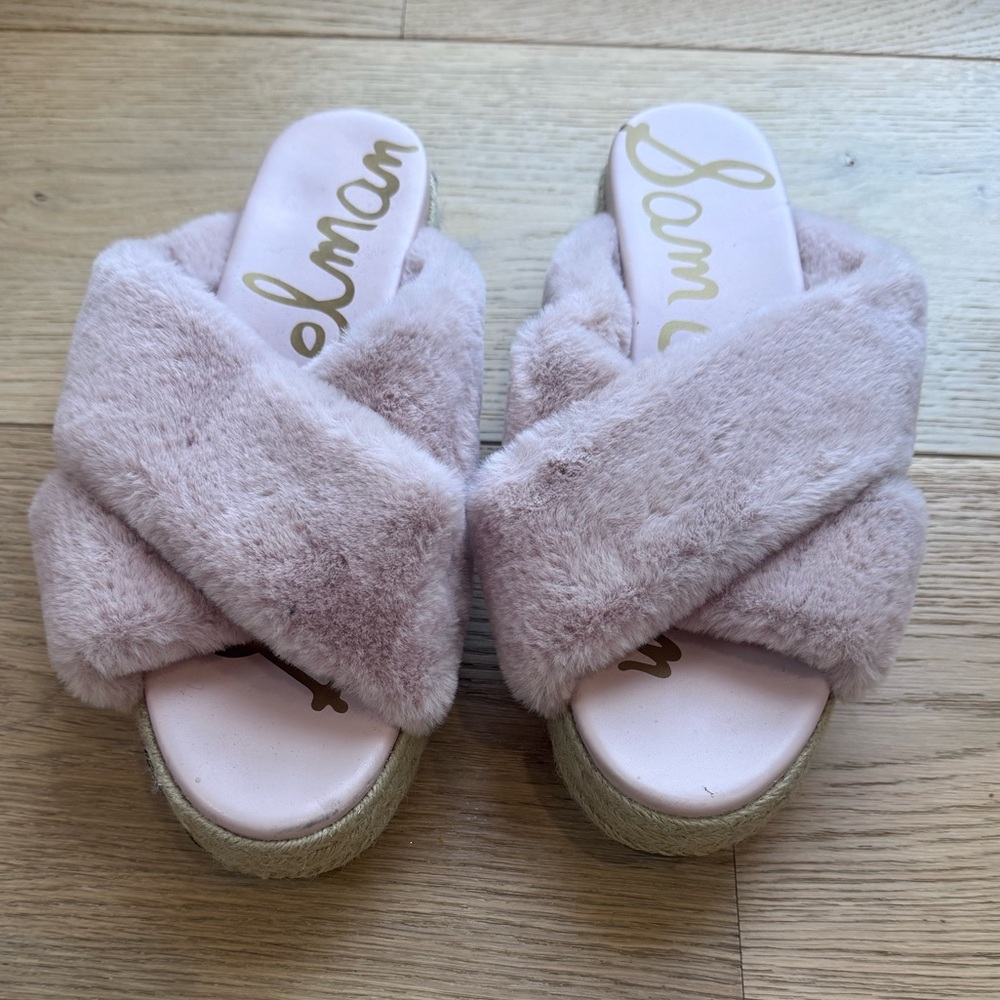 Sam Edelman blush faux fur cross cross espadrille platform sandals size 8.5